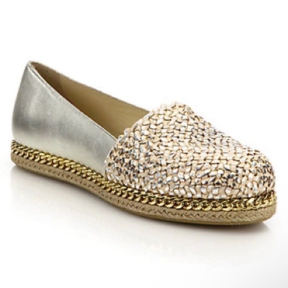 Stuart Weitzman Gold Dayton Pearl Washed Napa Espadrilles Size 7
